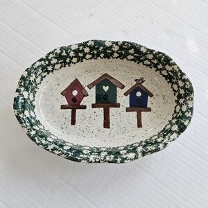 Gibson Design Oval Bowl Dish Birdhouse Pattern Spongeware Green Splatterware